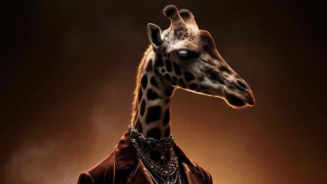 Elegant giraffe with stylish attire against warm backdrop