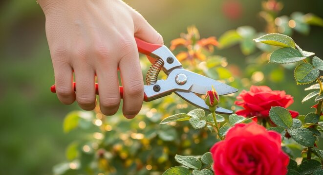 Gardener pruning vibrant red roses with hand shears in sunny garden