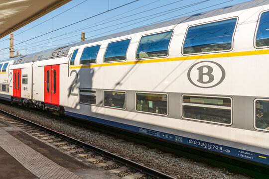 1 April 2026, Brussels North Station, Brussels, Belgium. Belgian double deck train side view with passengers