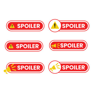 Collection of red and white spoiler alert stickers with warning signs and megaphones for notifications and alerts  isolated on transparent background