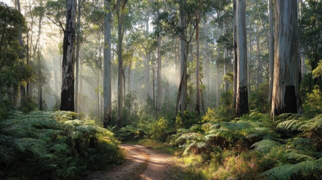 Landscape of Boranup Karri Forest with fern understory and sun shafts