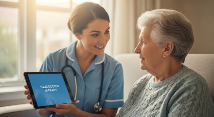 Obraz premium Healthcare professional showing elderly patient digital health update