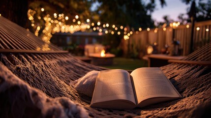 Fototapeta premium Open book resting on hammock with string lights in backyard