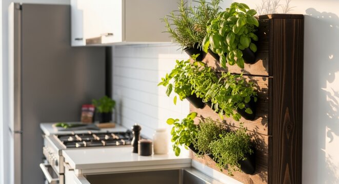 Herb garden wall planter in modern white kitchen