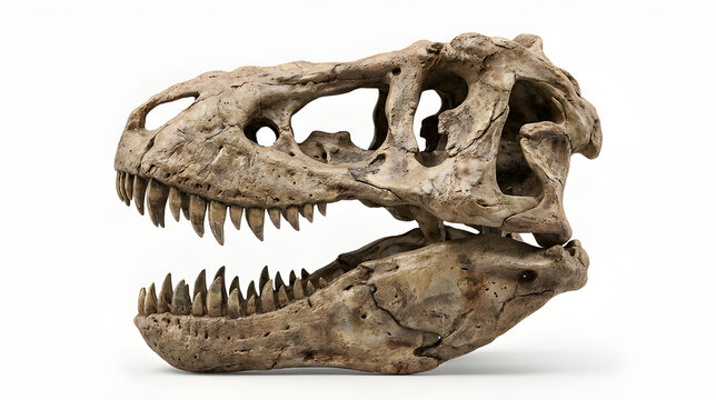 Ancient Tyrannosaurus rex dinosaur skull with sharp teeth and powerful jaw bones isolated on a white background