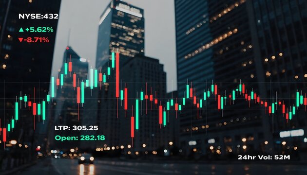 Stock market candle chart showing nyse trading with 24hr volume high resolution photo