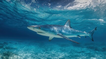 Fototapeta premium Shark swimming near sandy seabed under clear shallow ocean