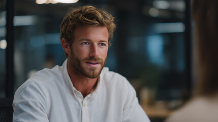 Obraz premium Startup cofounder explaining reduced equity stake to early employee, difficult conversation in glass-walled meeting pod, afternoon shadows, perfect for compensation transparency, ownership dilution,
