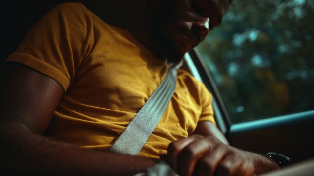 Man fastening seatbelt while seated inside car interior