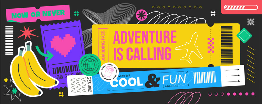 Travel tickets and boarding pass collage. Adventure is calling slogan typography. Y2K retro neon patches labels tags stickers stamps groovy promo vector set design