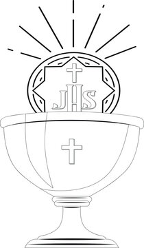 Black and white line of a catholic chalice holding a communion host with a j h s monogram and a cross symbol surrounded by radiating light beams on a plain white background