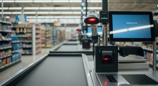 Self-service checkout terminals in modern supermarket aisle