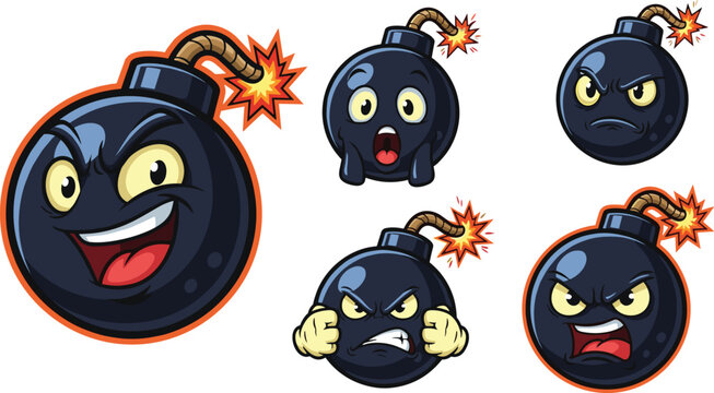 Cartoon Bomb Icon Set with Various Expressions and Explosion Effects for Gaming, Emotes, and Animated Graphics.