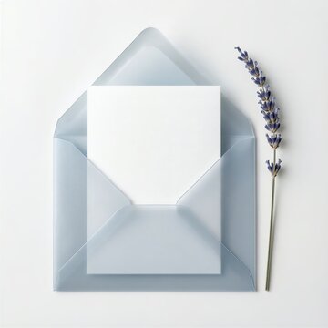 Translucent Vellum Envelope with Blank Card and Lavender Sprig for Wedding Invitations