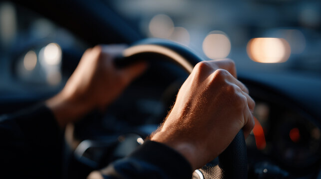 Hands grip steering wheel tightly during panic attack in parked car, blurred dashboard lights suggest overwhelm and fear of driving after health scare, perfect for anxiety management, wellness strug