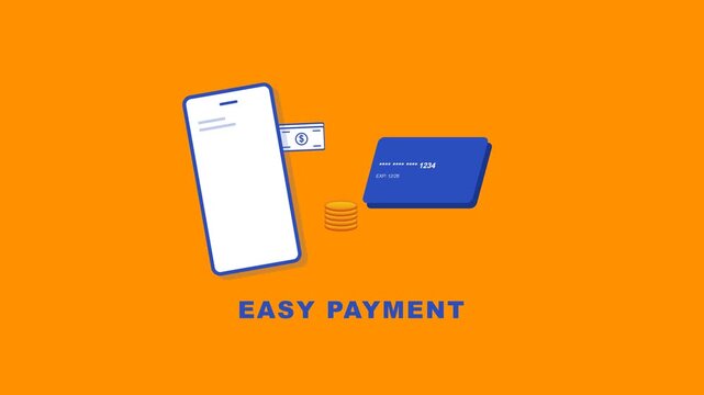 Professional 4K Motion Graphics of Mobile Digital Wallet and Easy Payment System Displaying Credit Card and Cash on Vibrant Orange