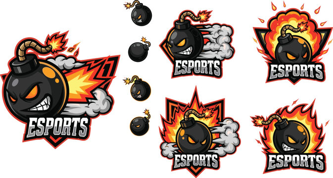 Esports Bomb Mascot Logo Set with Explosion and Fire Effects for Gaming Teams, Branding, and Esports Events.