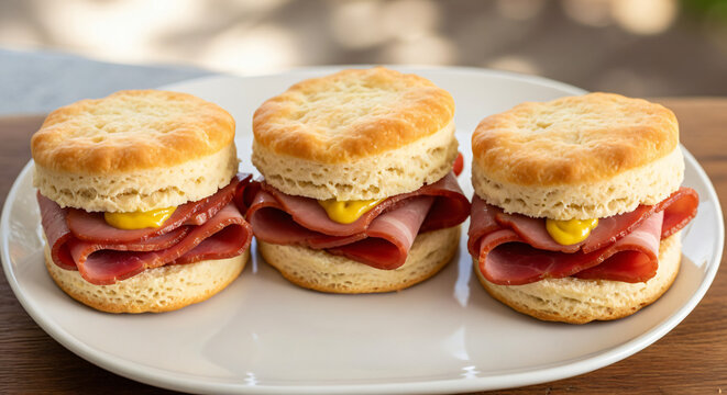Three small biscuits, sliced horizontally, are filled with folded slices of pink cured ham and topped with a dab of bright yellow mustard.