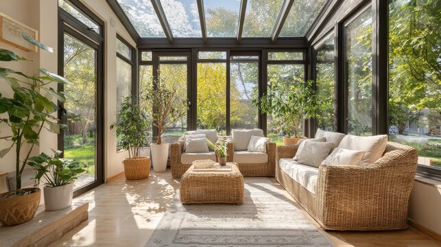 Bright sunlit patio room with glass walls, indoor plants and cozy seating