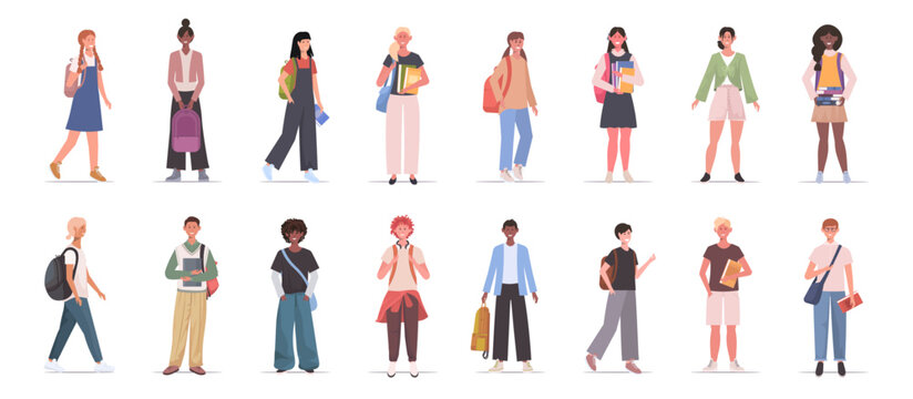 Collage of children with backpacks and books in casual clothes on white background. Children pupils set. Back to school illustration. Vector Not AI generated