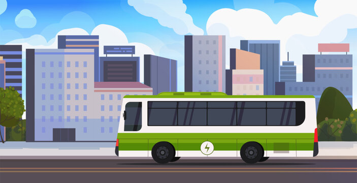 Electric bus. City eco transport. Sustainable clean energy. Ideal for themes related to green transport, environmental awareness, and modern infrastructure. Vector. Not AI generated