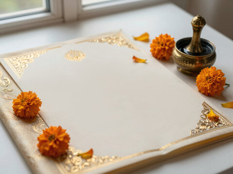Traditional wedding invitation with gold calligraphy and marigold petals, formal Indian stationery detail, auspicious announcement