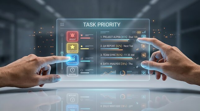Hands interacting with a futuristic holographic interface displaying task priority and project management details