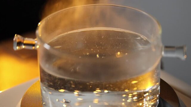 Pasta boiling in a transparent pot on a stove, showing a clean and minimal cooking process suitable for both home kitchens and professional restaurant environments.