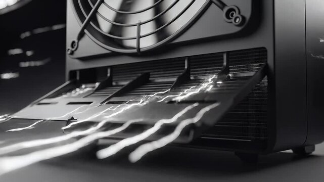 Closeup of a powerful computer cooling fan with glowing wires.