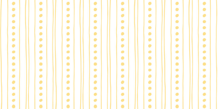 Modern yellow hand drawn seamless pattern with stripe and dotted lines in vertical rhythm. Doodle style, flat design. Great for fabric prints, baby products, stationery, wallpaper, packaging