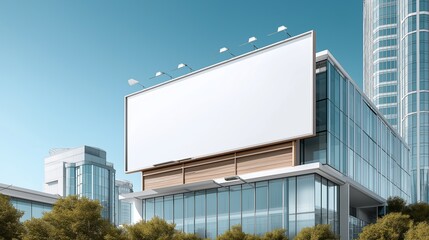 Obraz premium Modern empty billboard on a sleek building under a clear blue sky.