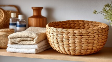 Fototapeta premium Elegant woven basket with towels and skincare products on a wooden shelf.