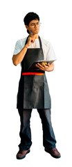 Obraz premium Man in apron holding clipboard and pen, thinking on transparent background