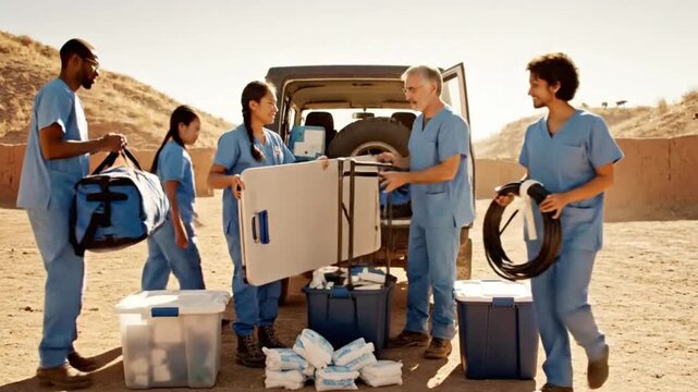 Dedicated medical team unloads vital supplies from an SUV in a dry, rural landscape, preparing for a mobile clinic or outreach mission footage.