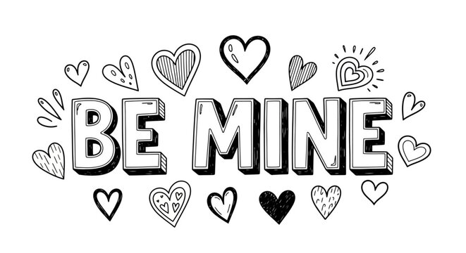 Be Mine" Hand-Drawn Valentine's Day Illustration with Hearts and Decorative Elements