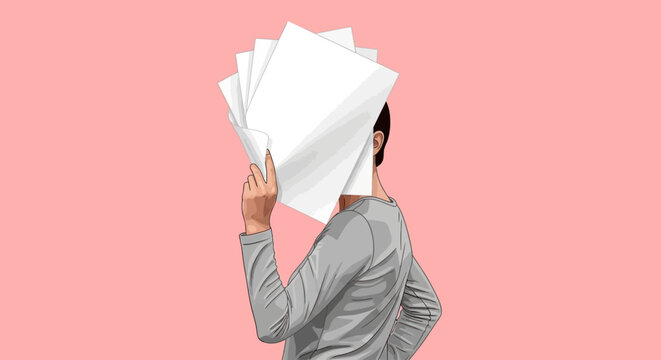 A Person Hiding Their Face Behind Several Sheets of Paper, Symbolizing Secrecy or Hidden Identity