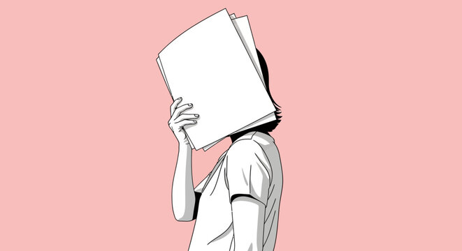 An artistic depiction of a person using documents to cover their face, symbolizing feelings of stress, modesty, or the quest for personal privacy amidst daily pressures