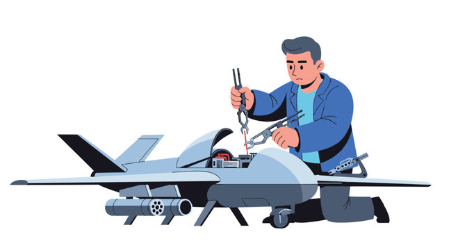 A skilled engineer carefully maintains a sophisticated fixed-wing unmanned aerial vehicle by adjusting internal wiring through an open hatch on a plain area.