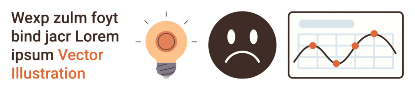 Vector illustration collection featuring a text block, an idea lightbulb, a sad face icon, and a data trend graph for digital design projects