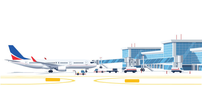 A large commercial airplane sits parked at a modern airport terminal gate connected by a blue jet bridge under a clear and bright white sky background.