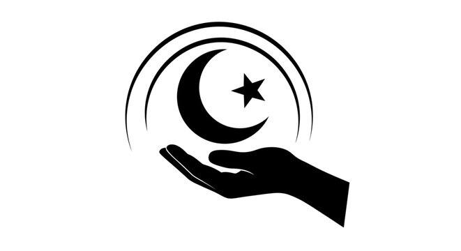 Minimalist vector illustration of a caring hand holding a crescent moon and star symbol, encircled by abstract arcs, representing spirituality, faith, compassion, and support