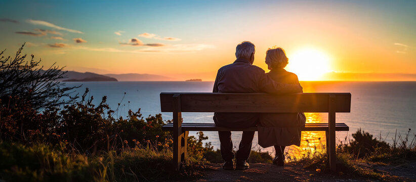 Pareja senior sentada en un banco frente al mar al atardecer, abrazados en contraluz con el sol en el horizonte para campa&ntilde;a de seguro de vida, jubilaci&oacute;n, turismo, salud emocional y amor duradero