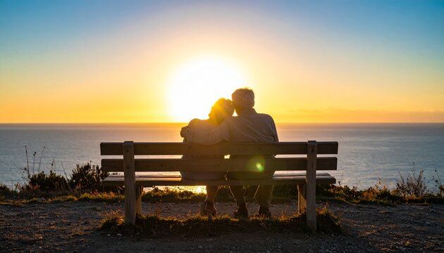 Pareja senior sentada en un banco frente al mar al atardecer, abrazados en contraluz contemplando el horizonte para campa&ntilde;a de seguros de vida, jubilaci&oacute;n, turismo, salud emocional y amor duradero