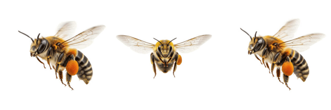 Set of Realistic Flying Honey Bee with Large Orange Pollen Baskets Collection Isolated on Transparent Background PNG