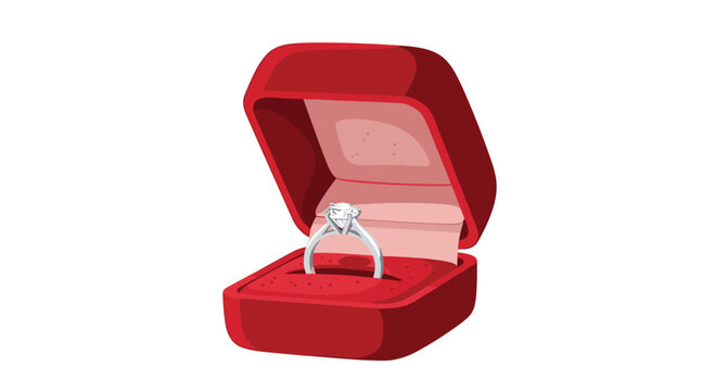 Elegant silver engagement ring featuring a brilliant cut diamond presented inside a luxurious open red velvet jewelry box with soft interior lining details.