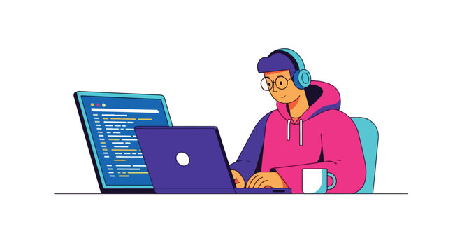 A flat vector illustration of a remote software developer working on a laptop with a cup of coffee, featuring a modern tech profession concept, simple shapes, and a white background.