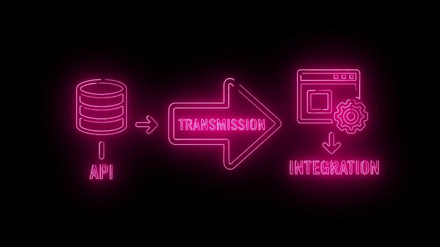 Neon pink illustration of API data transmission to integration with a glowing effect on a black background.
