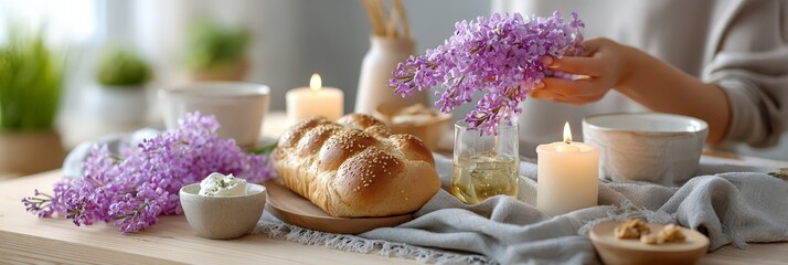 Cozy breakfast with bread, flowers and candlelight