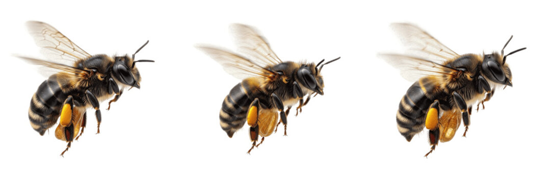 Set of Realistic Flying Honey Bee with Pollen Baskets Isolated on Transparent Background PNG
