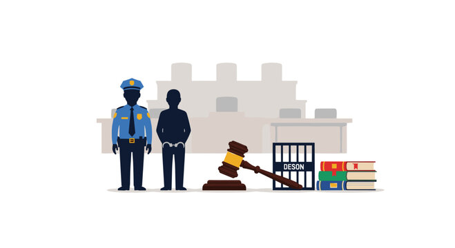 A dark silhouette of a handcuffed person stands beside a police officer in a blue uniform near a wooden judicial gavel and a small jail cell icon today.